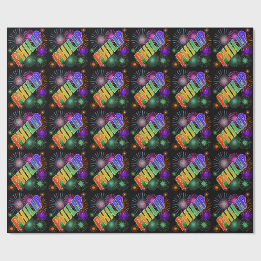 Rainbow First Name "PHILIP" + Fireworks Cadeaupapier (Vlak)