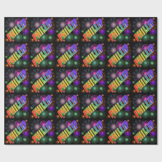 Rainbow First Name "PHILLIP" + Fireworks Cadeaupapier (Vlak)