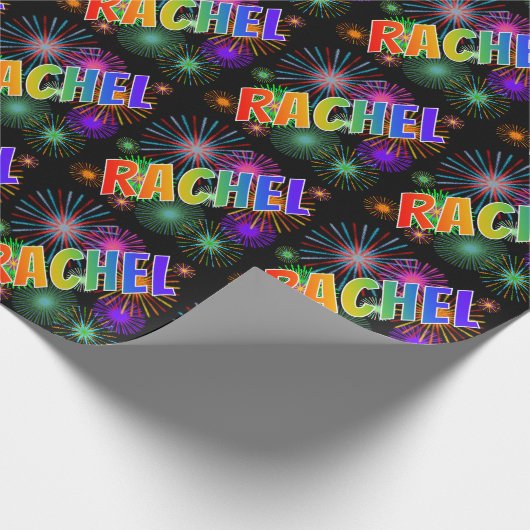 Rainbow First Name "RACHEL" + Fireworks Cadeaupapier (Hoek)