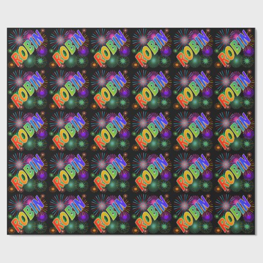 Rainbow First Name "ROBIN" + Fireworks Cadeaupapier (Vlak)