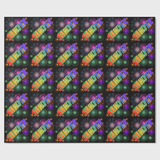Rainbow First Name "SAWYER" + Fireworks Cadeaupapier (Vlak)