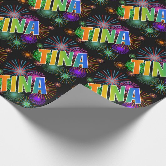Rainbow First Name "TINA" + Fireworks Cadeaupapier (Hoek)