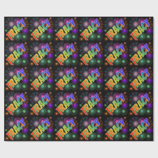 Rainbow First Name "TRACY" + Fireworks Cadeaupapier (Vlak)