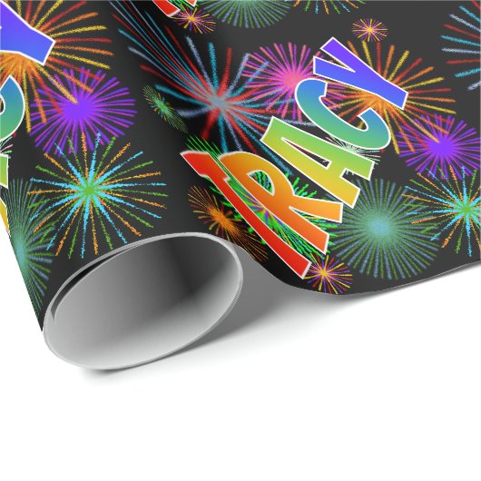 Rainbow First Name "TRACY" + Fireworks Cadeaupapier (Rol Hoek)