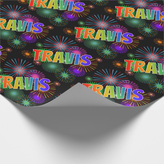 Rainbow First Name "TRAVIS" + Fireworks Cadeaupapier (Hoek)