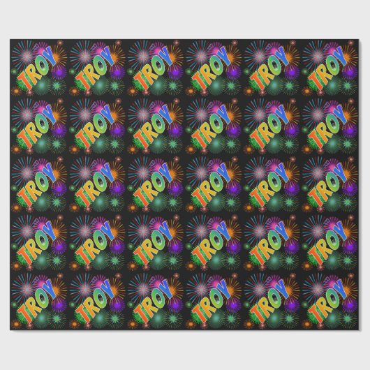 Rainbow First Name "TROY" + Fireworks Cadeaupapier (Vlak)