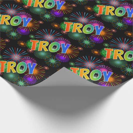 Rainbow First Name "TROY" + Fireworks Cadeaupapier (Hoek)