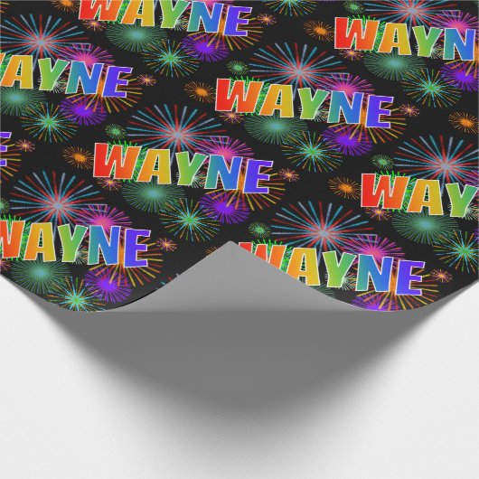 Rainbow First Name "WAYNE" + Fireworks Cadeaupapier (Hoek)