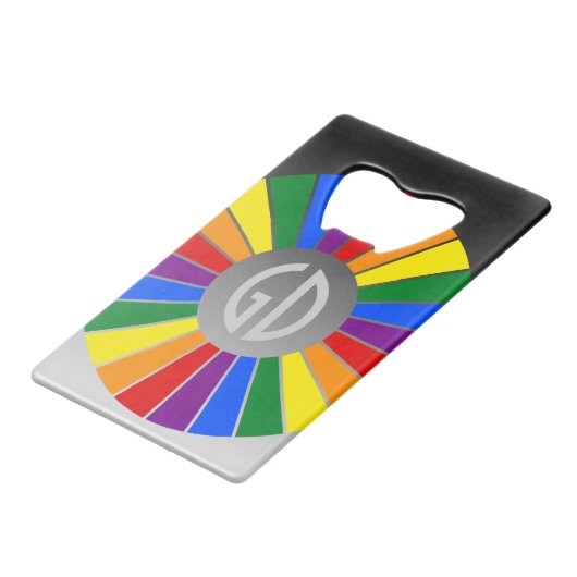 RAINBOW FLAG BUTTON RAYS + uw teken of tekst Creditkaart Flessenopener (Achterkant Gekanteld)