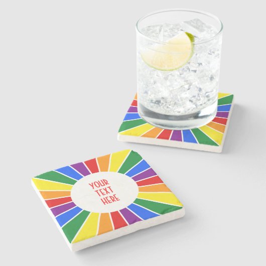 RAINBOW FLAG BUTTON RAYS + uw teken of tekst Stenen Onderzetter (Zijkant)