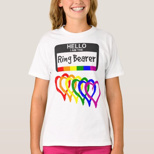 Rainbow Flag Harten Ring Drager Naam Badge Wedding T-shirt (Voorkant)