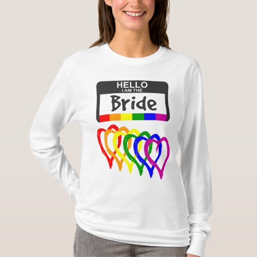 Rainbow Flag Hearts Bride Name Badge Wedding T-shirt (Voorkant)