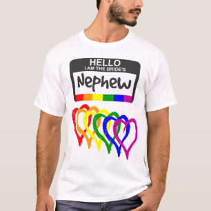 Rainbow Flag Hearts Bride Nephew Name Badge T-shirt