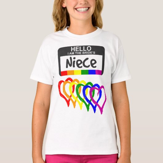 Rainbow Flag Hearts Bride Niece Name Badge T-shirt (Voorkant)