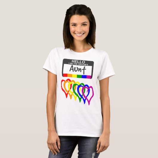 Rainbow Flag Hearts Groom Aunt Name Badge T-shirt (Voorkant volledig)