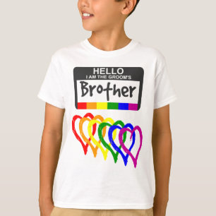 Rainbow Flag Hearts Groom Brother Name Badge T-shirt
