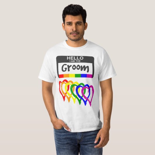 Rainbow Flag Hearts Groom Name Badge Wedding T-shirt (Voorkant volledig)
