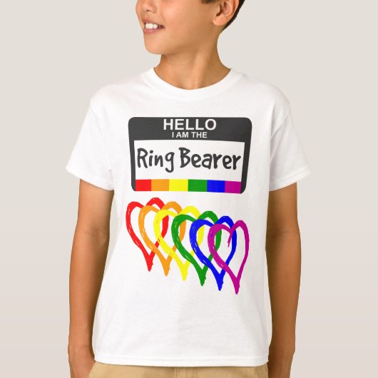 Rainbow Flag Hearts Ring Bearer Name Badge Wedge T-shirt (Voorkant)