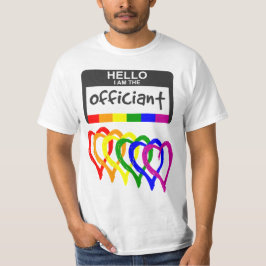 Rainbow Flag Hearts Wedding Officant Name Badge T-shirt
