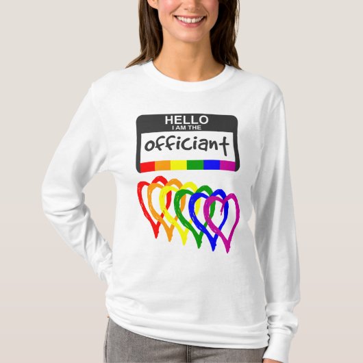 Rainbow Flag Hearts Wedding Officant Name Badge T-shirt (Voorkant)