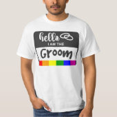 Rainbow Flag Wedding Hallo Name Badge for Groom T-shirt (Voorkant)