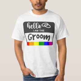 Rainbow Flag Wedding Hallo Name Badge for Groom T-shirt