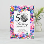 Rainbow Floral Garden Photo 50th Birthday Party Kaart (Staand voorkant)