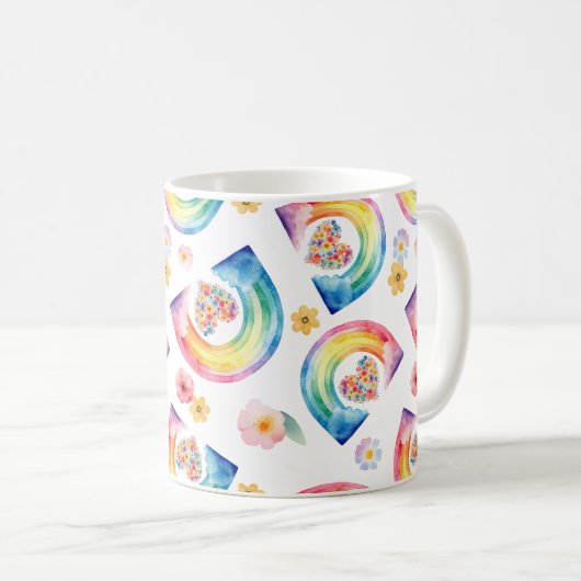 Rainbow Floral Heart Mok – Bright Waterverf Gift (Voorkant rechts)