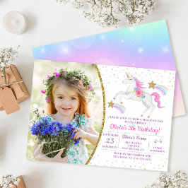 Rainbow Floral Magical Unicorn Girl Birthday Photo Kaart