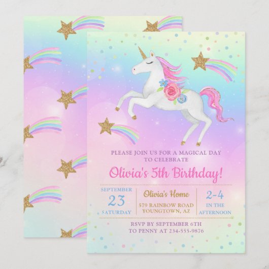 Rainbow Floral Magical Unicorn Girls Birthday Kaart (Voorkant / Achterkant)