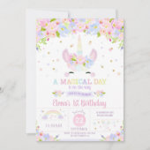 Rainbow Floral Unicorn Birthday Invitation Pastel Kaart (Voorkant)