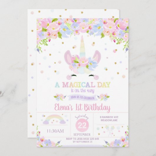 Rainbow Floral Unicorn Birthday Invitation Pastel Kaart (Voorkant / Achterkant)