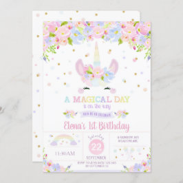 Rainbow Floral Unicorn Birthday Invitation Pastel Kaart