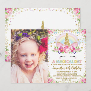 Rainbow Floral Unicorn Birthday Party Invitation Kaart