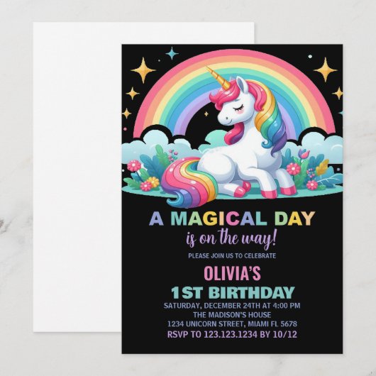 Rainbow Floral Unicorn Verjaardag Uitnodigingen (Voorkant / Achterkant)