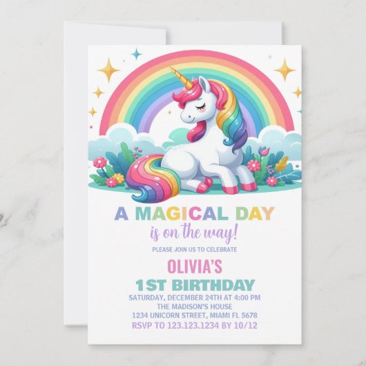 Rainbow Floral Unicorn Verjaardag Uitnodigingen (Voorkant)