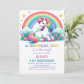 Rainbow Floral Unicorn Verjaardag Uitnodigingen (Staand voorkant)