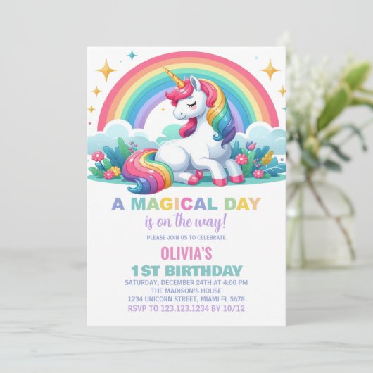 Rainbow Floral Unicorn Verjaardag Uitnodigingen (Staand voorkant)