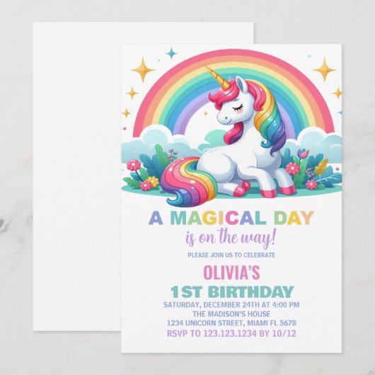 Rainbow Floral Unicorn Verjaardag Uitnodigingen (Voorkant / Achterkant)