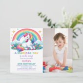 Rainbow Floral Unicorn Verjaardag Uitnodigingen Fo (Staand voorkant)