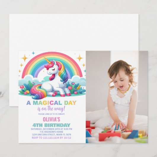 Rainbow Floral Unicorn Verjaardag Uitnodigingen Fo (Voorkant / Achterkant)