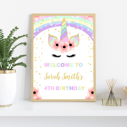 Rainbow Floral Unicorn Verjaardagsfeest Welkomstbo Poster