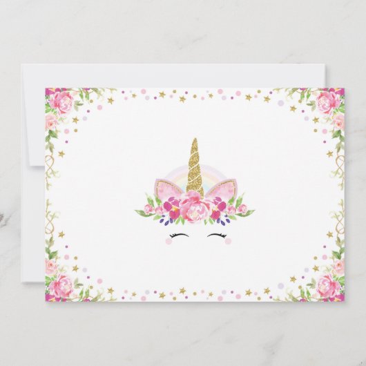 Rainbow Floral Unicorn verjaardagsfeestje uitnodig Kaart (Achterkant)