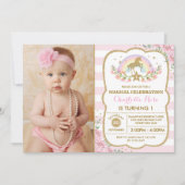 Rainbow Floral Unicorn verjaardagsfeestje uitnodig Kaart (Voorkant)