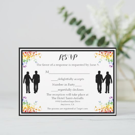 Rainbow Flourish Gay Wedding RSVP-kaart RSVP Kaartje (Staand voorkant)