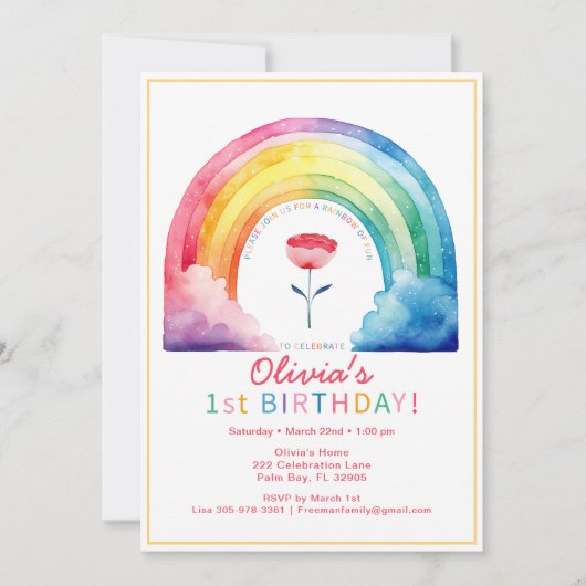 Rainbow Flower 1st Verjaardagsfeest Uitnodigen Kaart (Voorkant)