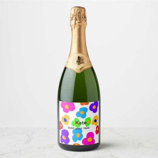 Rainbow flower pride liefde voeg naam tekst labtq sparkling wijnetiket (Voorkant)