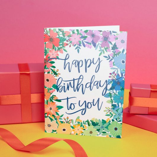 Rainbow Flowers Brush Script Happy Birthday Kaart