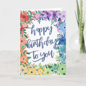 Rainbow Flowers Brush Script Happy Birthday Kaart (Voorkant)