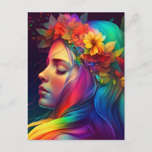 Rainbow Flowers & Kleurrijk Haar Meisje Briefkaart (Voorkant)